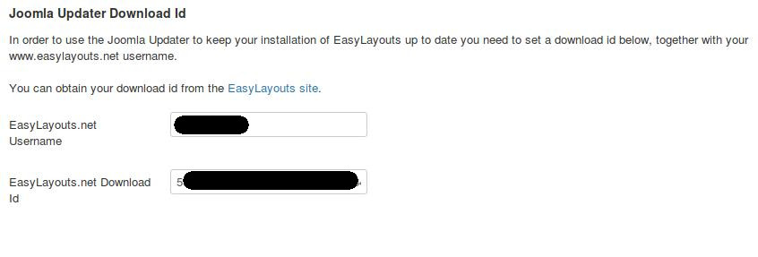 EasyLayouts config - entering download id and username