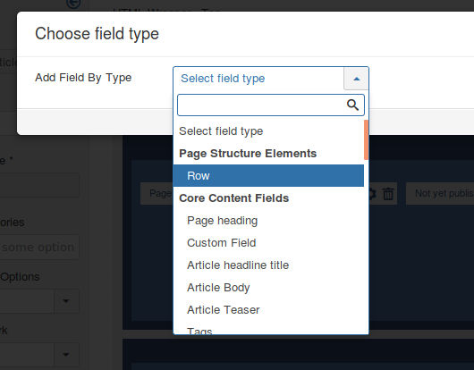Field options drop down where you choose the type of field